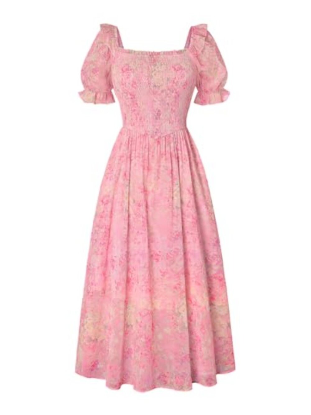 Women's Floral Puff Sleeve Midi Dress A-Line Chiffon Casual